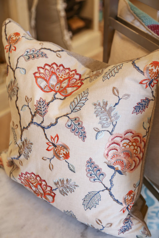 Blue and Persimmon Floral Pillow