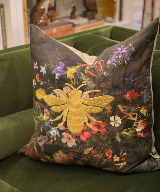 Forest Grey Floral Gold Bee Pillow