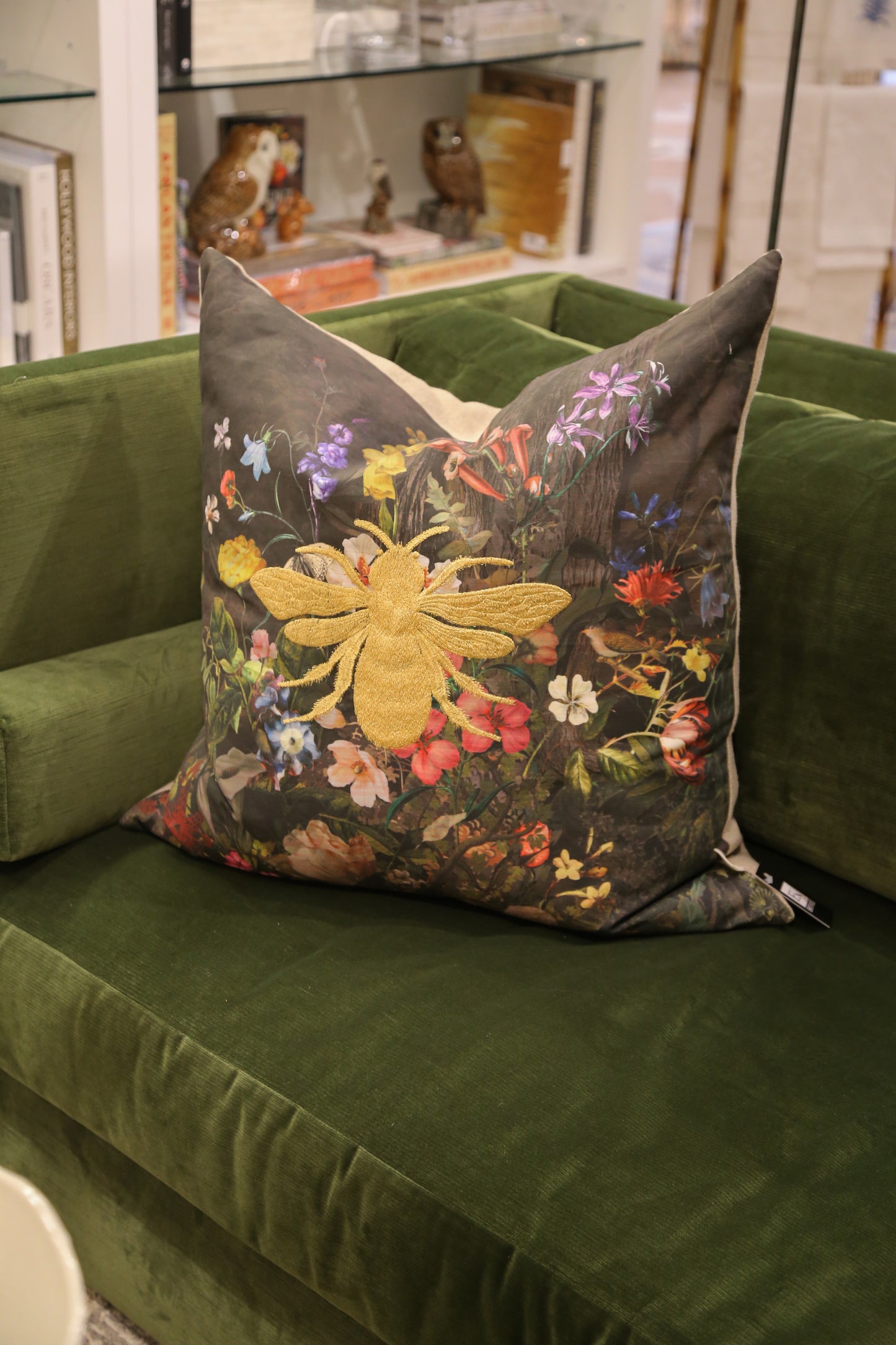 Forest Grey Floral Gold Bee Pillow